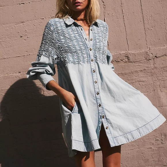 Free People Find Me Now Denim Mini Dress - Picture 1 of 5